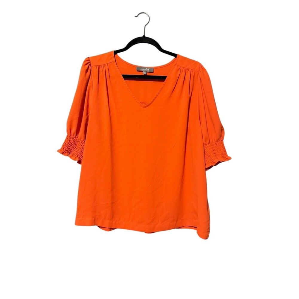 Marled Pullover Top Size L Orange Puff Sleeve